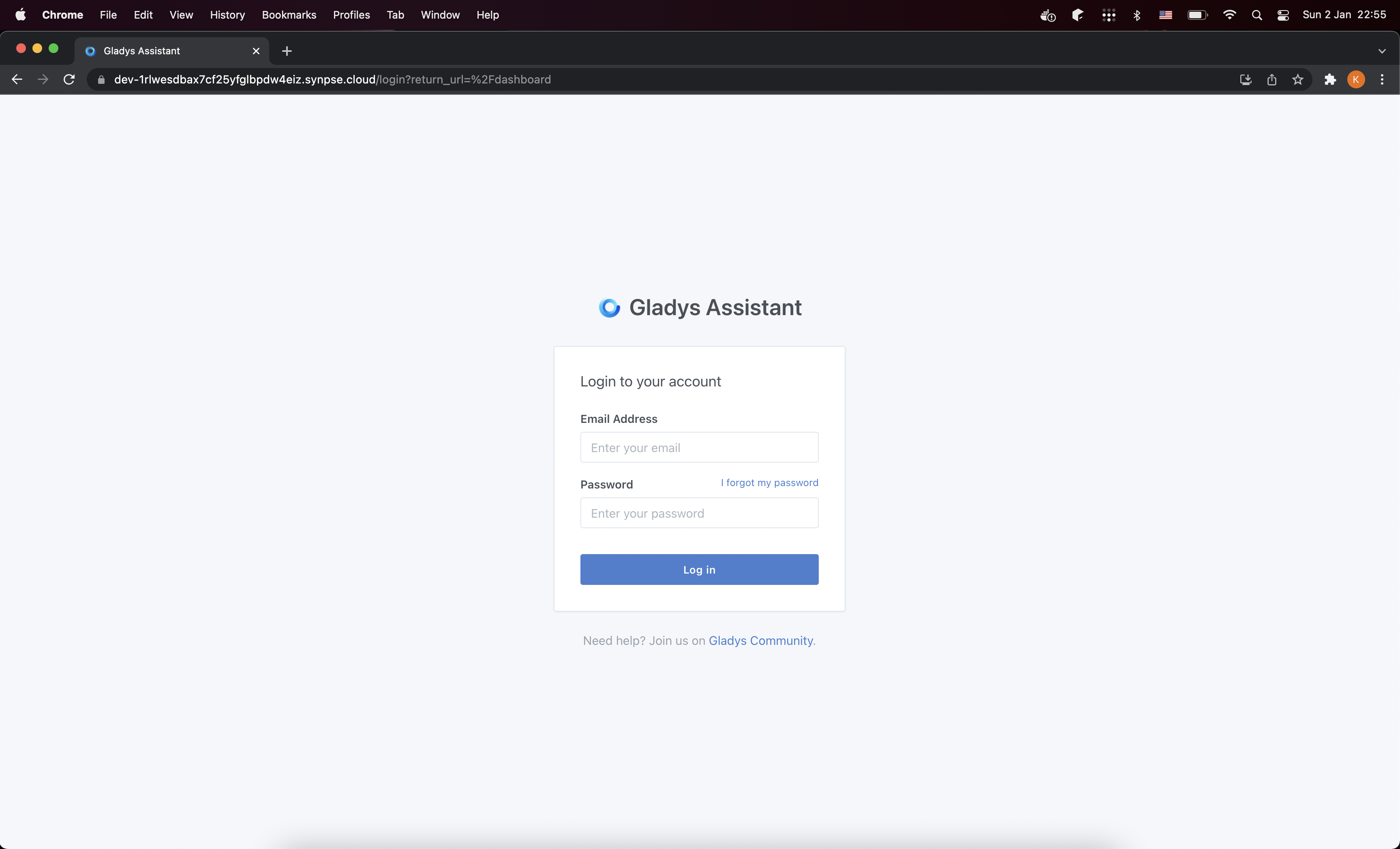 Gladys login screen on the public endpoint URL