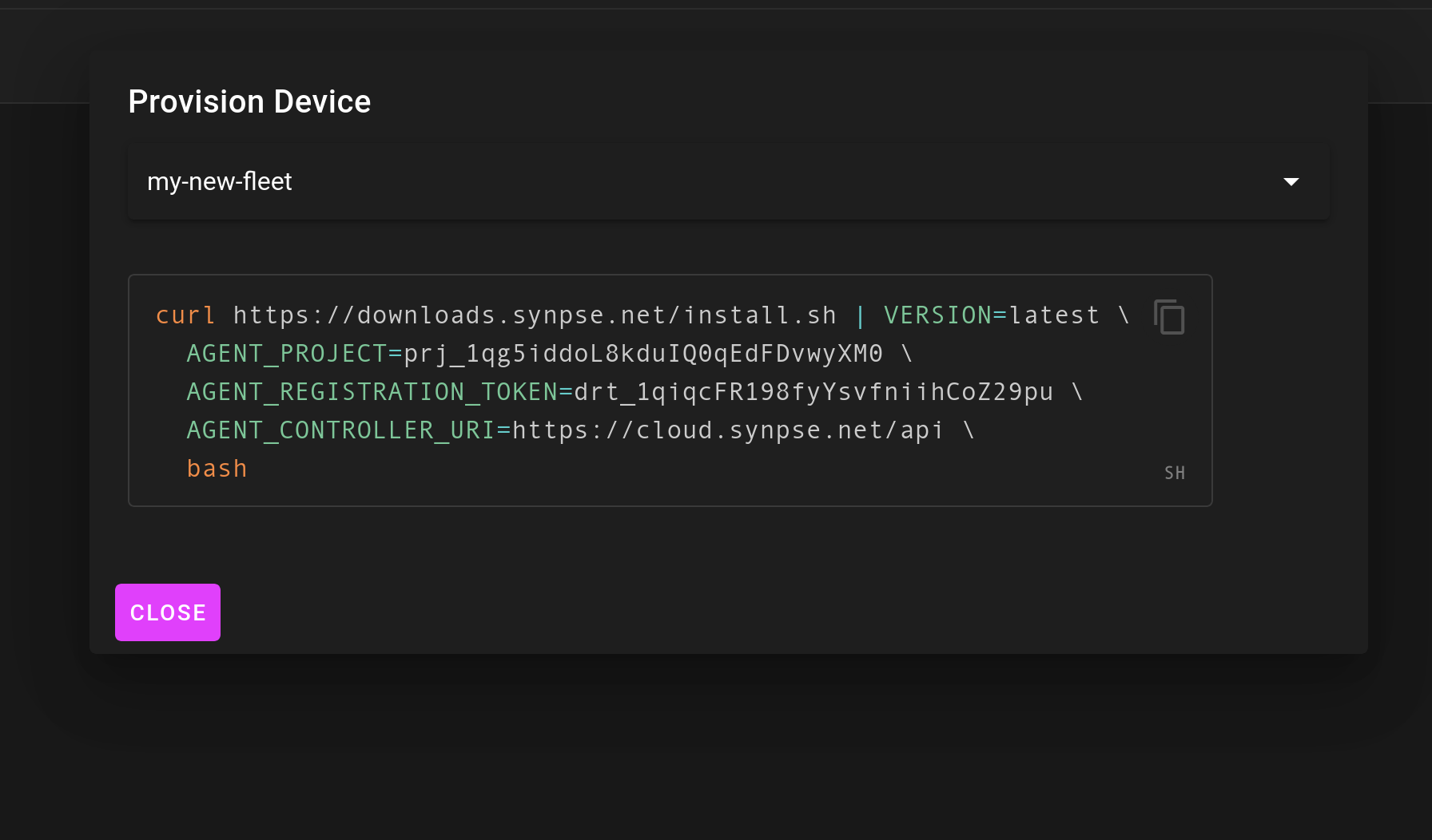 Provision device page gives you project and registration IDs