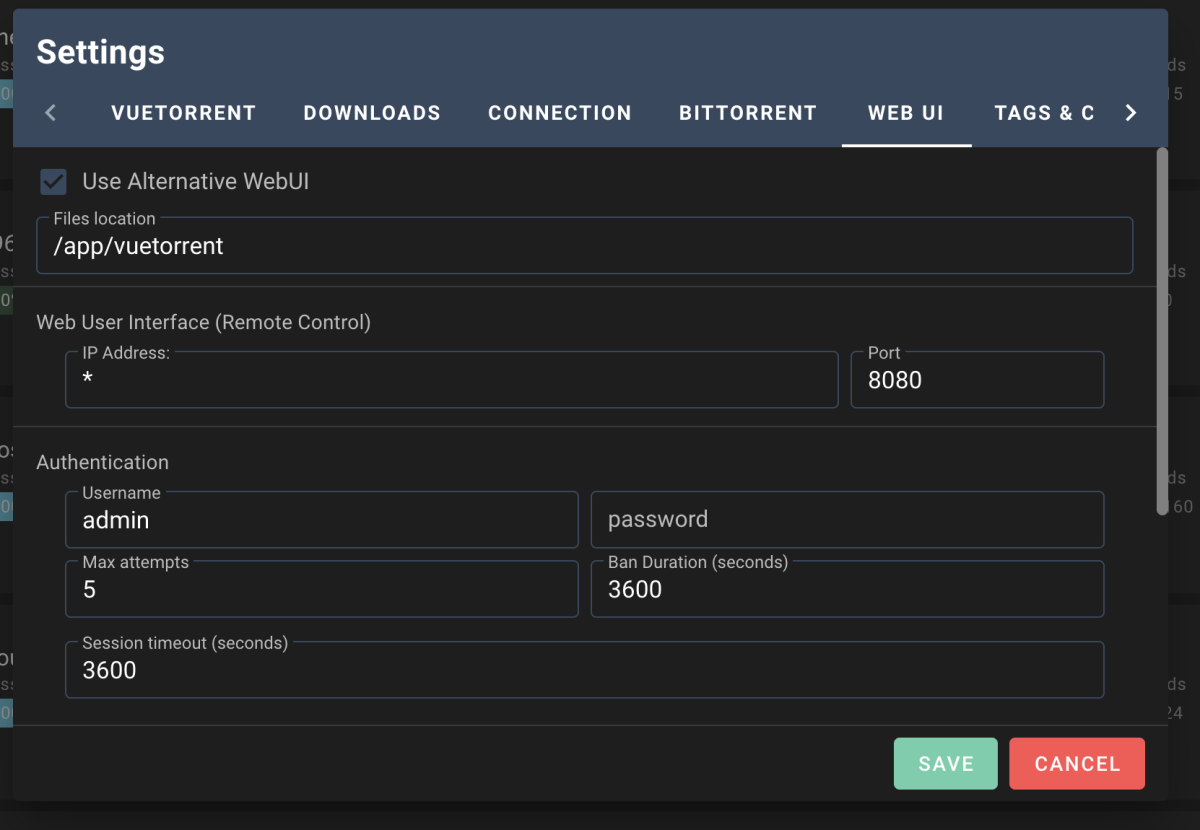 update vuetorrent password